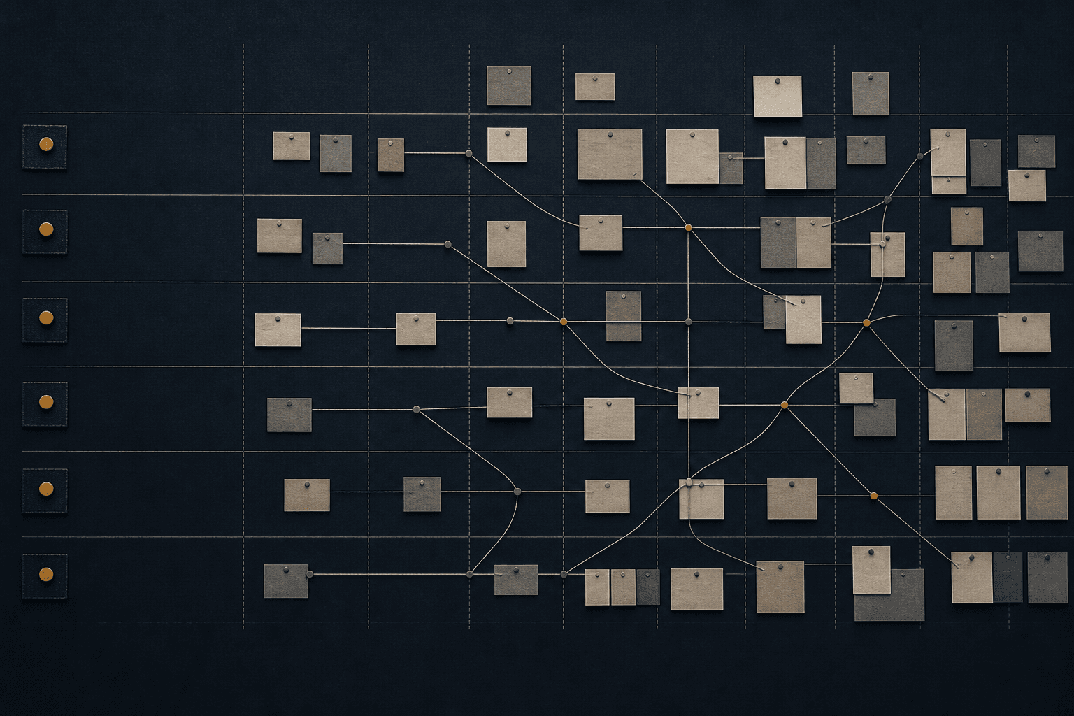 A planning wall with six swim lanes, pinned notes, and dependency threads that connect work across lanes.