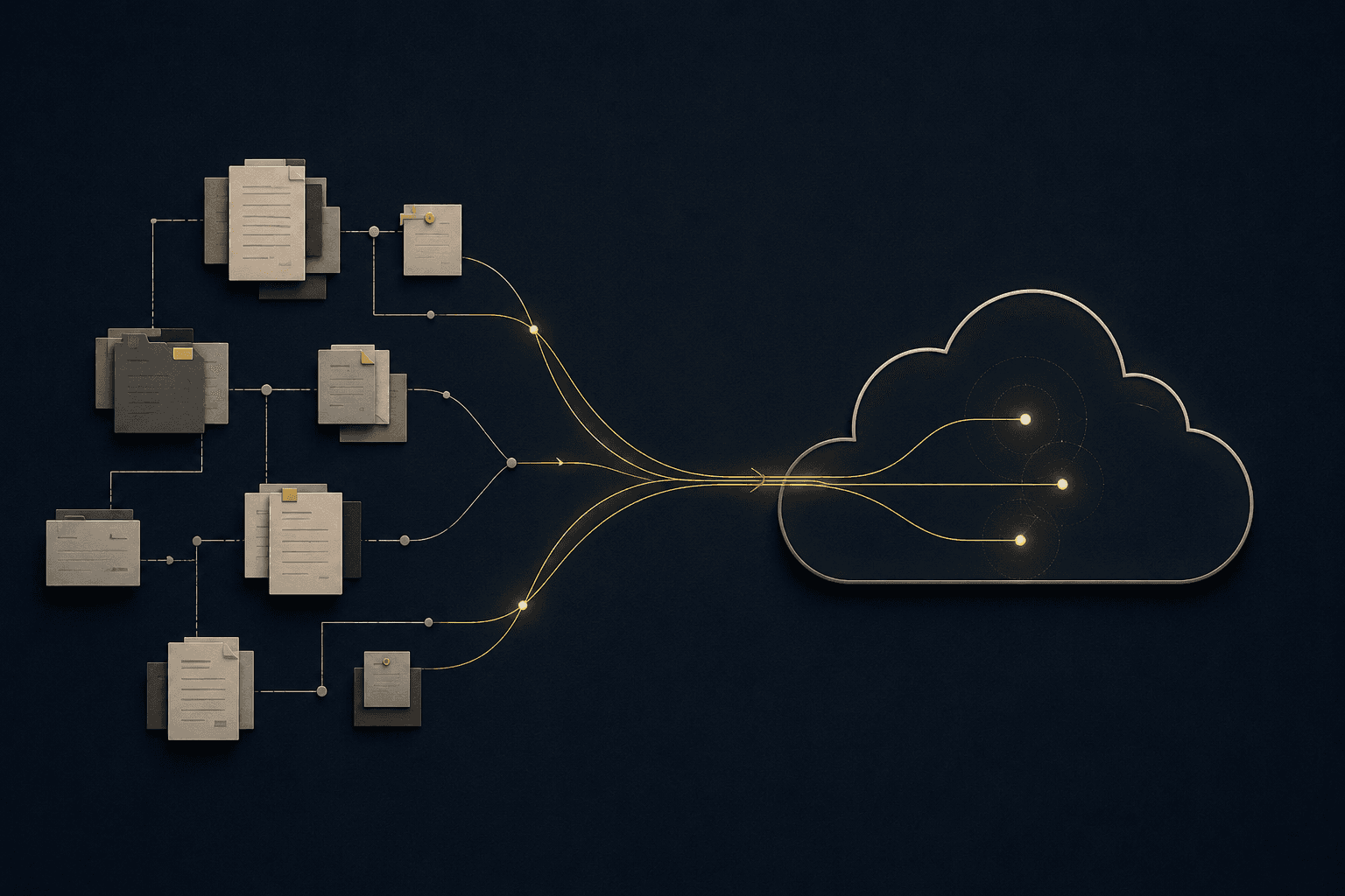 Layered document libraries connected by organic migration paths that converge into a cloud with illuminated connection nodes.