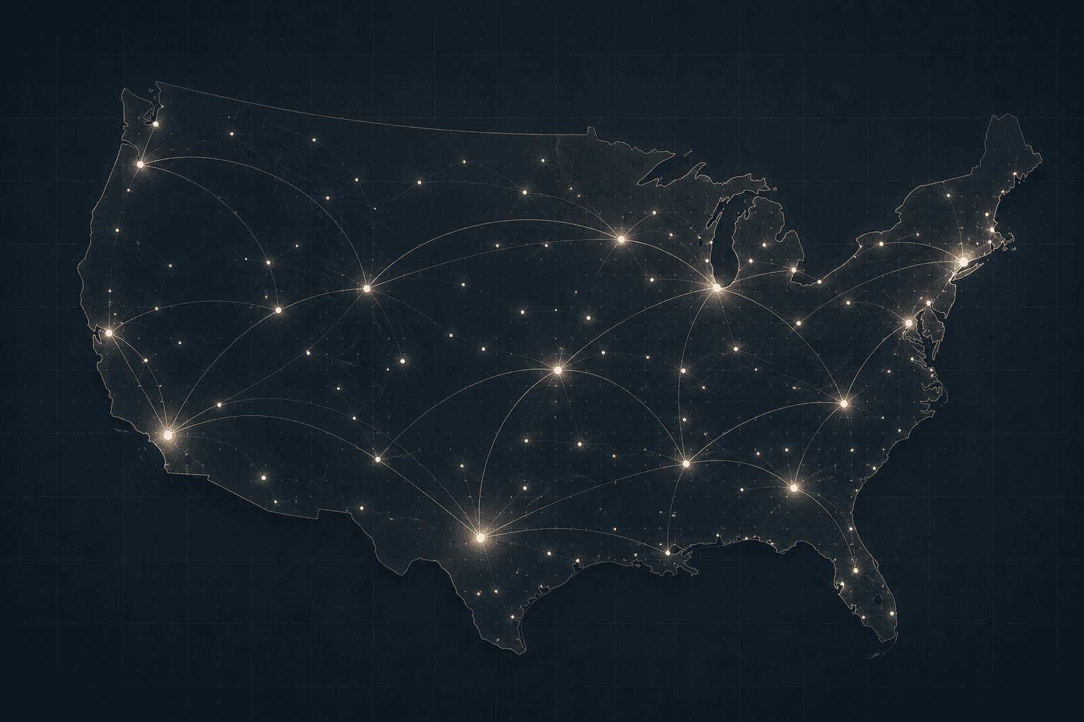 Illustrated connected city nodes across a dark United States map, expressing nationwide delivery scale.
